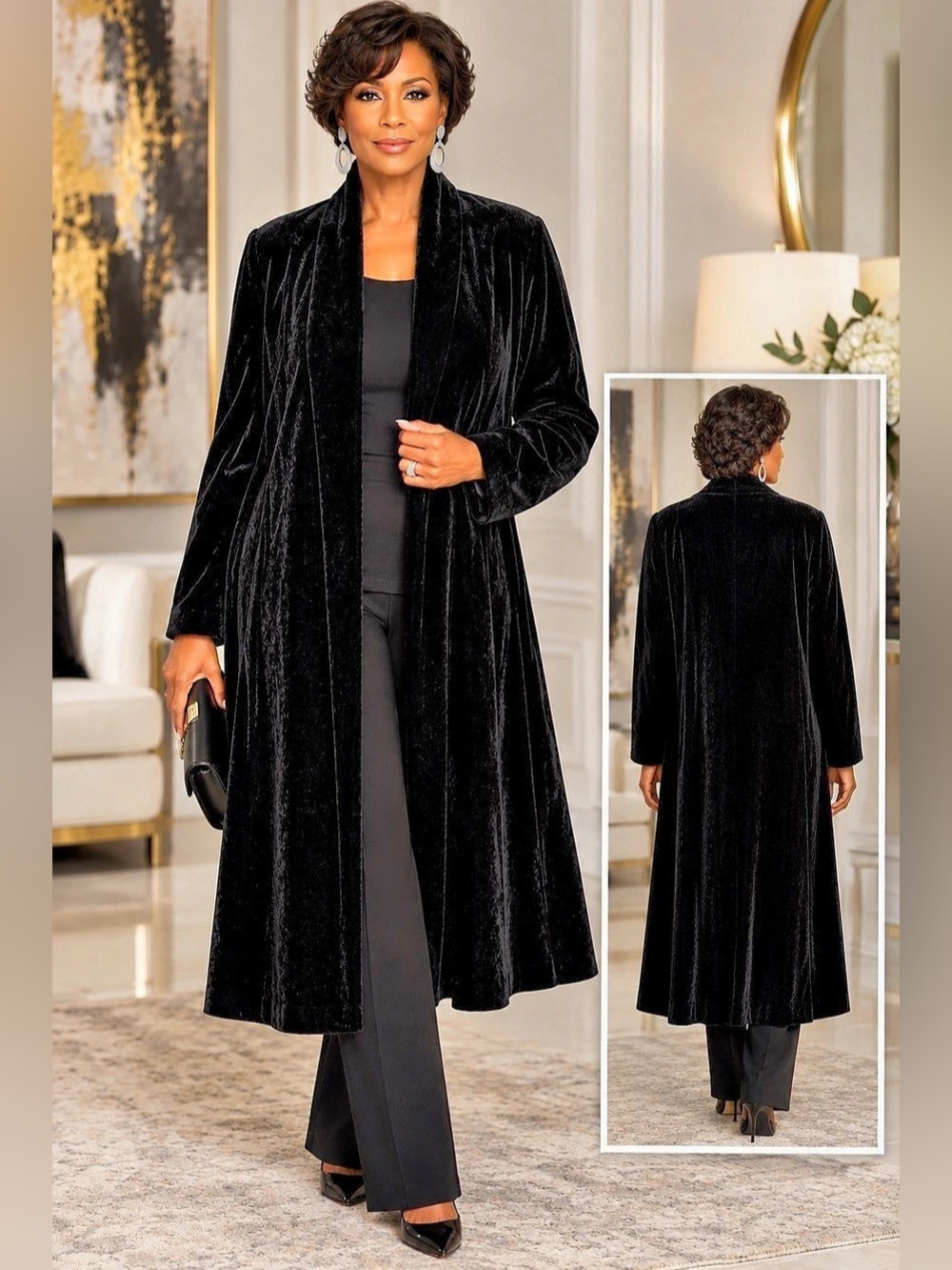 Collections by J S Vintage Women's Black Velvet Long Coat Large Old Money Luxe